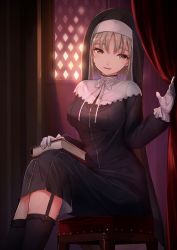 Rule 34 | 1girl, akasaai, book, breasts, chair, church, commentary request, curtains, garter straps, gloves, habit, highres, indoors, kneehighs, large breasts, light brown hair, long hair, looking at viewer, nijisanji, nun, open mouth, sister claire, sister claire (1st costume), sitting, socks, solo, virtual youtuber, white gloves, yellow eyes