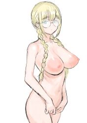 Rule 34 | 1girl, absurdres, blonde hair, braid, breasts, collarbone, completely nude, dot mouth, glasses, green eyes, highres, jimiko, kuppipi ramutarou, large areolae, large breasts, mole, mole under eye, navel, nude, original, own hands together, ribs, round eyewear, twin braids