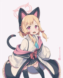 Rule 34 | 1girl, animal ear headphones, animal ears, black skirt, black thighhighs, blonde hair, blue archive, blue necktie, bow, collared shirt, dress shirt, fake animal ears, feet out of frame, grey background, hair bow, halo, headphones, jacket, kuromiya, long sleeves, looking at viewer, momoi (blue archive), necktie, one-hour drawing challenge, open mouth, pink eyes, pleated skirt, red bow, shirt, sidelocks, simple background, skirt, sleeves past wrists, solo, standing, tail, thighhighs, twitter username, v-shaped eyebrows, white jacket, white shirt, wide sleeves