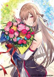 Rule 34 | 1girl, bare shoulders, bouquet, bridal gauntlets, brown hair, commentary request, company name, dress, flower, furen e lustario, grin, hair ribbon, holding, holding bouquet, long hair, looking at viewer, nijisanji, noy, official art, petals, red eyes, red flower, red rose, ribbon, rose, sleeveless, sleeveless dress, smile, solo, sword, virtual youtuber, weapon