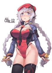 Rule 34 | 1girl, :o, aningay, arm pouch, arms at sides, arrow (symbol), beret, between breasts, black gloves, black neckwear, black thighhighs, blue eyes, blush, braid, breasts, buttons, character name, cleavage, commentary, covered erect nipples, covered navel, cowboy shot, fingerless gloves, flower-shaped pupils, girls&#039; frontline, glasses, gloves, goggles, grey hair, groin, hair between eyes, hair ornament, hammer and sickle, hat, highleg, highleg leotard, highres, large breasts, leotard, long hair, long sleeves, looking at viewer, navel, neckerchief, necktie, necktie between breasts, open mouth, ots-12 (girls&#039; frontline), red hat, red leotard, russian flag, shrug (clothing), simple background, skindentation, solo, standing, star (symbol), star hair ornament, symbol-shaped pupils, thighhighs, twin braids, very long hair, white background