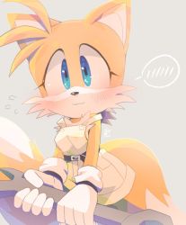 Rule 34 | 1girl, belt, belt buckle, blue eyes, blush, breasts, buckle, dress, flying sweatdrops, fox girl, furry, furry female, genderswap, genderswap (mtf), gloves, holding, holding wrench, looking at viewer, misuta710, mixed-language commentary, multiple tails, solo, sonic (series), spoken blush, tail, tails (sonic), two tails, white gloves, wrench