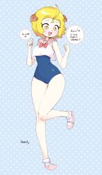 Rule 34 | 1girl, antenna hair, blonde hair, breasts, colored skin, dan-chan, full body, hair ornament, highres, jumping, large breasts, one-piece swimsuit, original, polka dot, polka dot background, scorsheep, shiny skin, shirt, short hair, simple background, skirt, smile, solo, swimsuit, white background, white skin, wide hips, yellow eyes