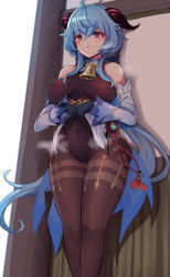 Rule 34 | 10eki (tenchou), 1girl, absurdres, ahoge, bell, black pantyhose, blue hair, bow, breasts, breasts apart, clothes lift, covered erect nipples, covered navel, cowbell, detached sleeves, ganyu (genshin impact), genshin impact, goat horns, hair bow, highres, horns, large breasts, leotard, leotard under clothes, lifted by self, long hair, open mouth, pantyhose, pelvic curtain, solo, speech bubble, standing, steam, steaming body, sweatdrop, thought bubble