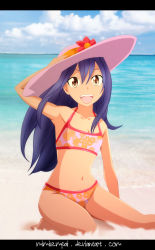 Rule 34 | 1girl, absurdres, adjusting clothes, adjusting headwear, arched soles, arm above head, arm at side, arm up, armpits, artist name, barefoot, beach, bikini, blue hair, brown eyes, child, collarbone, day, deviantart username, eyelashes, fairy tail, female focus, fingernails, flat chest, floral print, flower ornament, full body, hair between eyes, happy, hat, highres, legs, long hair, looking at viewer, mashima hiro, midriff, navel, neck, ocean, open mouth, outdoors, outstretched arms, pink bikini, print bikini, recolor, reference work, side bangs, sidelocks, sky, smile, soles, spread arms, spread legs, straight hair, summer, sun hat, swimsuit, thighs, toenails, toes, wendy marvell