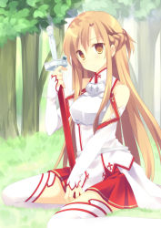 Rule 34 | 10s, 1girl, armor, asuna (sao), bare shoulders, blush, breastplate, brown eyes, brown hair, detached sleeves, forest, grass, long hair, looking at viewer, nature, sitting, skirt, solo, sword art online, takase kanan, thighhighs, tree, weapon, white thighhighs