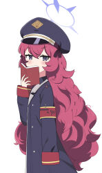 Rule 34 | 1girl, absurdres, armband, blue archive, blush, book, halo, hand up, hat, highres, iroha (blue archive), jacket, koucha (sr4ez), long hair, looking at viewer, red hair, solo, white hair