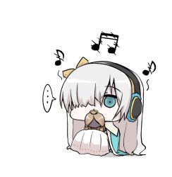 Rule 34 | ..., 1girl, anastasia (fate), beamed eighth notes, blue cloak, blue eyes, chibi, cloak, commentary request, covered mouth, crown, dress, eighth note, fate/grand order, fate (series), full body, hair over one eye, headphones, light brown hair, long hair, looking at viewer, mini crown, musical note, nenosame, royal robe, shadow, silver hair, sitting, solo, spoken ellipsis, very long hair, white background, white dress