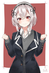 Rule 34 | 1girl, azur lane, bad id, bad pixiv id, blush, clenched hands, closed mouth, collarbone, collared shirt, crossed bangs, grey sweater, hair between eyes, hairband, hands up, head tilt, highres, jacket, lace-trimmed hairband, lace trim, long sleeves, looking at viewer, nose blush, partially unbuttoned, red eyes, shirt, short hair, sidelocks, signature, sirius (azur lane), slit pupils, smile, solo, standing, sweater, white hair, white shirt, xretakex