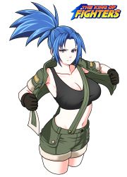 Rule 34 | 1girl, black tank top, black undershirt, blue eyes, blue hair, breasts, earrings, english text, eron, gloves, green jacket, green shorts, high ponytail, highres, jacket, jewelry, leona heidern, logo, looking at viewer, midriff, navel, open clothes, open jacket, ponytail, serious, shorts, soldier, solo, tank top, the king of fighters, white background