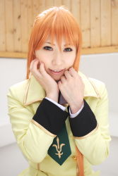 Rule 34 | 1girl, asian, blazer, blue eyes, chippi, code geass, color contacts, cosplay, highres, jacket, long hair, looking at viewer, orange hair, photo (medium), school uniform, shirley fenette, shirley fenette (cosplay), solo
