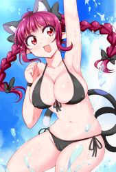 Rule 34 | 1girl, :3, :d, alternate costume, animal ears, arm up, armpits, bikini, black bikini, black bow, blue sky, blush, bow, braid, breasts, bwell, cameltoe, cat ears, cat tail, cleavage, cloud, commentary request, covered erect nipples, cowboy shot, extra ears, fang, front-tie bikini top, front-tie top, hair bow, highres, kaenbyou rin, large breasts, lens flare, long hair, looking at viewer, multiple tails, nekomata, ocean, open mouth, pointy ears, red eyes, red hair, side-tie bikini bottom, sky, smile, solo, splashing, swimsuit, tail, touhou, twin braids, two tails, water