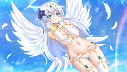 Rule 34 | 10s, 1girl, absurdres, black heart (neptunia), blue eyes, blush, breasts, cleavage, day, feathers, female focus, flower, four goddesses online: cyber dimension neptune, garter belt, garter straps, groin, halo, highres, kazenokaze, long hair, looking at viewer, navel, neptune (series), noire (neptunia), rainbow, smile, solo, symbol-shaped pupils, thigh gap, thighhighs, white hair, white wings, wings