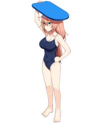 Rule 34 | 1girl, artpatient, bare legs, blue eyes, blue one-piece swimsuit, breasts, cleavage, closed mouth, collarbone, commentary, full body, hair between eyes, highres, large breasts, long hair, michinoku komaro, one-piece swimsuit, pink hair, school swimsuit, seitokai nimo anawa aru!, solo, standing, swimsuit