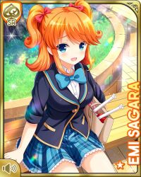 Rule 34 | 1girl, :d, bag, bench, blue bow, blue eyes, boots, bow, bowtie, character name, girlfriend (kari), hair bow, hair ribbon, holding, juggling club, medium hair, official art, open mouth, orange hair, plaid, plaid skirt, pleated skirt, qp:flapper, red bow, ribbon, sagara emi, school uniform, sitting, skirt, smile, solo, tagme, two side up, wooden bench