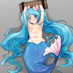 Rule 34 | 1girl, armpits, arms up, bdsm, blue hair, bondage, bound, bow, breasts, closed mouth, collarbone, female focus, hair bow, hair ornament, highres, huyusilver, long hair, lying, mermaid, monster girl, navel, nude, on back, pussy, solo, stocks, tail, twintails, very long hair