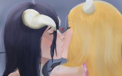Rule 34 | 2girls, albedo (overlord), blonde hair, demon girl, demon tail, highres, horns, kiss, league of legends, lilyeria, lux (league of legends), multiple girls, overlord (maruyama), purple hair, tail, yuri