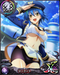 Rule 34 | 1girl, blue hair, breasts, card (medium), chess piece, cleavage, green hair, hat, high school dxd, knight (chess), large breasts, multicolored hair, navel, official art, open mouth, smile, solo, two-tone hair, underboob, xenovia quarta