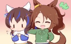 Rule 34 | +++, 2girls, :d, ^ ^, animal ears, blue hair, blush stickers, bow, brown background, brown hair, chibi, closed eyes, daitaku helios (umamusume), flying sweatdrops, gomashio (goma feet), gradient background, green bow, green shirt, hair between eyes, hand on another&#039;s back, hand on own hip, horse ears, horse girl, horse tail, layered sleeves, long sleeves, mejiro palmer (umamusume), multicolored hair, multiple girls, open mouth, own hands together, parted bangs, pink background, ponytail, shirt, short over long sleeves, short sleeves, side ponytail, smile, streaked hair, tail, umamusume, white hair, white shirt, | |
