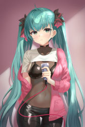 Rule 34 | 1girl, aqua hair, black bra, black pants, bra, closed mouth, clothing request, commentary request, cowboy shot, gradient background, green eyes, hatsune miku, highres, holding, holding microphone, jacket, korean commentary, long hair, long sleeves, looking at viewer, microphone, mixed-language commentary, open clothes, open jacket, pants, pink background, pink jacket, raurashun, solo, standing, sweater jacket, twintails, underwear, very long hair, vocaloid