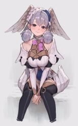 Rule 34 | 1girl, bare shoulders, between legs, black thighhighs, blue eyes, breasts, closed mouth, curly hair, dress, feathered wings, grey hair, hand between legs, head wings, highres, large breasts, long hair, long sleeves, looking at viewer, melia antiqua, o-ring, short dress, sitting, smile, sooon, thighhighs, twitter username, white dress, wings, xenoblade chronicles (series), xenoblade chronicles 1