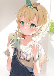 Rule 34 | 1girl, blonde hair, blue overalls, blush, bow hairband, bracelet, cellphone, green eyes, hair between eyes, hairband, hana mori, hands up, highres, holding, holding phone, hololive, indoors, jewelry, kazama iroha, looking away, overalls, parted lips, phone, plant, potted plant, ring, shirt, short sleeves, smartphone, solo, upper body, virtual youtuber, white shirt