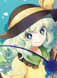Rule 34 | 1girl, black hat, blouse, blue background, bow, closed mouth, collar, crystal, eyes visible through hair, floral background, flower, gradient background, green background, green collar, green eyes, green hair, hair between eyes, hat, hat bow, komeiji koishi, long sleeves, looking at viewer, rose, shirt, short hair, smile, solo, tomobe kinuko, touhou, yellow bow, yellow shirt, yellow sleeves