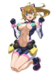 Rule 34 | 1girl, animal ears, black gloves, blue eyes, breasts, cat ears, don (rg06268), fumina avatar, gloves, gundam, gundam build fighters, gundam build fighters try, gundam build metaverse, hair between eyes, highres, hoshino fumina, large breasts, looking at viewer, medium hair, navel, open mouth, ponytail, simple background, smile, solo, white background