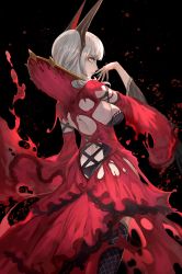 Rule 34 | 1girl, aqua nails, ass, back, black background, breasts, butt crack, carmilla (fate), commentary request, detached sleeves, dress, fate/grand order, fate (series), fingernails, high collar, highres, horns, lack, long fingernails, looking at viewer, looking back, nail polish, red dress, sideboob, sideways glance, solo, thighhighs, white hair, wide sleeves, yellow eyes