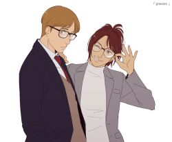 Rule 34 | 1boy, 1other, bespectacled, black jacket, brown eyes, brown hair, commentary, contemporary, english commentary, frown, glasses, grey jacket, hand on another&#039;s shoulder, hange zoe, hanpetos, jacket, moblit berner, necktie, one eye closed, red necktie, shingeki no kyojin, smile, turtleneck
