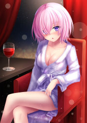 Rule 34 | 1girl, :o, alcohol, alternate costume, arm rest, bare legs, bathrobe, blurry, blush, bokeh, breasts, chair, cleavage, collarbone, cup, curtains, depth of field, drink, drinking glass, fate/grand order, fate (series), hair over one eye, highres, light particles, long sleeves, looking at viewer, mash kyrielight, medium breasts, open mouth, pink hair, purple eyes, short hair, sitting, solo, thighs, toshi (1-147), wine, wine glass
