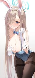 Rule 34 | 1girl, absurdly long hair, absurdres, animal ears, asuna (blue archive), asuna (bunny) (blue archive), asymmetrical bangs, bare shoulders, blue archive, blue bow, blue bowtie, blue eyes, blue leotard, blush, bow, bowtie, breasts, brown pantyhose, bunny day, choker, cleavage, commentary, detached collar, fake animal ears, gloves, grin, hair between eyes, hair over one eye, halo, highleg, highleg leotard, highres, holding, holding riding crop, large breasts, leotard, light brown hair, long bangs, long hair, looking at viewer, mole, mole on breast, official alternate costume, okey, pantyhose, playboy bunny, rabbit ears, riding crop, smile, solo, strapless, strapless leotard, swept bangs, symbol-only commentary, thighband pantyhose, traditional bowtie, very long hair, white gloves, wide hips, wing collar