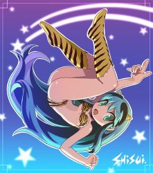 Rule 34 | 1girl, :d, animal print, artist name, ass, bikini, blue hair, breasts, fang, female focus, gradient hair, green eyes, long hair, looking at viewer, lum, medium breasts, multicolored hair, oni horn, open mouth, outline, pointy ears, shisui, sidelocks, smile, solo, star (symbol), starry background, swimsuit, thighs, tiger print, tiger stripes, upside-down, urusei yatsura, white outline