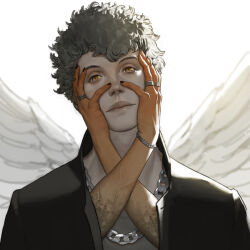 Rule 34 | 1boy, angel wings, black jacket, black nails, blurry, bracelet, brown eyes, chain necklace, depth of field, grey hair, hands on another&#039;s face, jacket, jewelry, male focus, multiple rings, necklace, original, pale skin, ring, solo, tahra, veins, veiny arms, wings