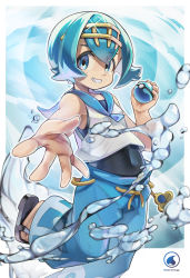 Rule 34 | 1girl, absurdres, big anteater, blue eyes, blue hair, blue pants, blue sailor collar, covered navel, creatures (company), dive ball, foot out of frame, game freak, glint, highres, holding, holding poke ball, huge filesize, lana (pokemon), liquid, looking at viewer, nintendo, outline, pants, poke ball, pokemon, pokemon sm, sailor collar, sandals, shirt, short hair, sleeveless, sleeveless shirt, smile, solo, water, water drop, white outline, white shirt