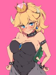 Rule 34 | 1girl, bare shoulders, black nails, blonde hair, blue eyes, blush, bowsette, bracelet, breasts, brooch, cleavage, closed mouth, collar, collarbone, covered navel, crown, dress, earrings, fang, fang out, fingernails, hands on own hips, highres, horns, jewelry, karan, long hair, looking at viewer, mario (series), medium breasts, nail polish, new super mario bros. u deluxe, nintendo, pink background, sidelocks, simple background, skindentation, smile, solo, spiked bracelet, spiked collar, spikes, strapless, strapless dress, super crown, turtle shell, upper body