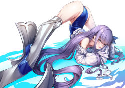 Rule 34 | 1girl, arm rest, blue choker, blue eyes, blue one-piece swimsuit, blue ribbon, choker, fate/grand order, fate (series), flexible, frilled one-piece swimsuit, frilled swimsuit, frills, hair ribbon, hands on ground, highleg, highleg swimsuit, highres, jack-o&#039; challenge, kurofude anna, long hair, meltryllis, meltryllis (fate), meltryllis (swimsuit lancer) (fate), meltryllis (swimsuit lancer) (second ascension) (fate), meme, off-shoulder one-piece swimsuit, off shoulder, one-piece swimsuit, prosthesis, prosthetic leg, purple hair, ribbon, sleeves past fingers, sleeves past wrists, solo, spread legs, strapless, strapless one-piece swimsuit, swimsuit, top-down bottom-up, very long hair, wide spread legs