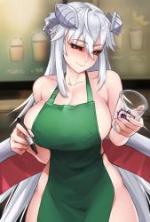 Rule 34 | 1girl, apron, barista, black sclera, bottomless, breasts, collarbone, colored sclera, commentary, cup, demon girl, demon horns, disposable cup, english commentary, eyes visible through hair, green apron, hair between eyes, highres, holding, holding cup, holding marker, horns, iced latte with breast milk (meme), indoors, large breasts, lilim (monster girl encyclopedia), long hair, looking at viewer, mari (maritan), maritan (pixelmaritan), marker, meme, monster girl encyclopedia, naked apron, original, pointy ears, red eyes, sideboob, silver hair, smile, solo, topless, wings