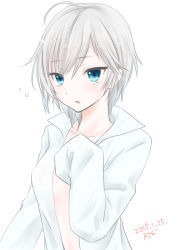 Rule 34 | 10s, 1girl, 2015, anastasia (idolmaster), blue eyes, blue shirt, blush, breasts, collarbone, dated, idolmaster, idolmaster cinderella girls, january, long sleeves, looking at viewer, medium breasts, open clothes, open mouth, open shirt, ozaki mirai, shirt, short hair, silver hair, sleeves past wrists, standing, upper body, white background