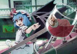 Rule 34 | 1girl, alcohol, bad id, bad pixiv id, bat wings, blue hair, cup, d@i, door, dress, drinking glass, female focus, glass, hat, open mouth, outstretched arm, perspective, red eyes, remilia scarlet, ribbon, ringed eyes, short hair, smile, solo, stairs, touhou, umbrella, wine, wine glass, wings