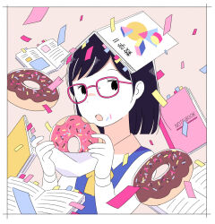 Rule 34 | 1girl, black hair, book, confetti, doughnut, eating, flat color, food, highres, holding, holding doughnut, holding food, long sleeves, notebook, open book, open mouth, original, pink-framed eyewear, satou odori, solo, swept bangs, upper body