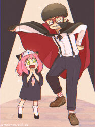 Rule 34 | 1boy, 1girl, :d, afro, anya (spy x family), black cape, black dress, black footwear, black pants, blush stickers, bobby socks, brown footwear, cape, child, dress, facial hair, franky franklin, glasses, green eyes, grin, hairpods, hand on own hip, hands up, interlocked fingers, long sleeves, open mouth, ouka (gegege 853suki), own hands together, pants, pink hair, rectangular eyewear, red-framed eyewear, red cape, shirt, shoes, sleeves past elbows, smile, socks, spotlight, spy x family, standing, striped clothes, striped socks, stubble, suspenders, tiara, twitter username, two-sided cape, two-sided fabric, white shirt, white socks
