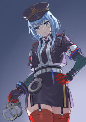 Rule 34 | 1girl, absurdres, alisa (punishing: gray raven), belt, black hat, black jacket, black necktie, black skirt, blue hair, collared shirt, crossed bangs, cuffs, echo (punishing: gray raven), from below, hair ornament, hairclip, handcuffs, hat, highres, holding, holding handcuffs, jacket, looking at viewer, mechanical arms, necktie, parted lips, peaked cap, police, punishing: gray raven, purple eyes, red thighhighs, shirt, short hair with long locks, short sleeves, sidelocks, skirt, solo, thighhighs, watchmen-001, white shirt