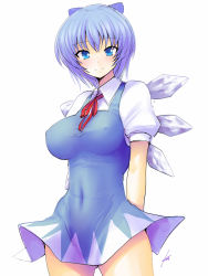 Rule 34 | 1girl, arms behind back, blue eyes, blue hair, breasts, cirno, covered navel, dress, ebizome, covered erect nipples, highres, impossible clothes, impossible dress, large breasts, matching hair/eyes, aged up, smile, solo, thighs, touhou, wings