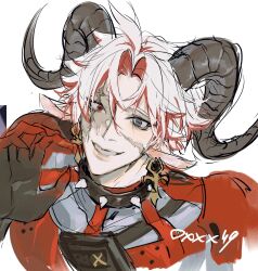Rule 34 | 1boy, animal ears, artist name, black collar, blue eyes, claw pose, claws, collar, colored extremities, dxxx49, ear piercing, facial scar, goat boy, goat ears, goat horns, grin, hand up, highres, horizontal pupils, horns, kemonomimi mode, looking at viewer, male focus, multicolored hair, piercing, red eyes, red hair, scar, scar (wuthering waves), scar across eye, scar on cheek, scar on face, short hair, simple background, smile, solo, spiked collar, spikes, streaked hair, upper body, white background, white hair, wuthering waves