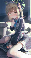 Rule 34 | 1girl, absurdres, animal ear headphones, animal ears, apron, black dress, blonde hair, blue archive, blush, bucket, cat tail, closed mouth, dress, fake animal ears, floor, frilled apron, frills, green eyes, green halo, halo, headphones, highres, indoors, long sleeves, looking at viewer, maid, maid apron, maid headdress, midori (blue archive), midori (maid) (blue archive), official alternate costume, pita goral, puffy long sleeves, puffy sleeves, short hair, sitting, solo, tail, thighhighs, wariza, white apron, white thighhighs