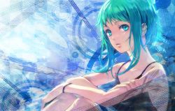 Rule 34 | 1girl, bare shoulders, casual, female focus, gradient background, green eyes, green hair, gumi, just a game (vocaloid), koromono, matching hair/eyes, short hair, short hair with long locks, sidelocks, sleeveless, solo, upper body, vocaloid, wristband