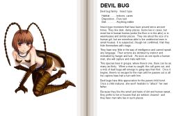 Rule 34 | 1girl, all fours, animal hands, antennae, arthropod girl, blush, brown eyes, brown hair, bug, character profile, cockroach, cockroach girl, devil bug, english text, hard-translated, insect, insect wings, kenkou cross, monster girl, monster girl encyclopedia, official art, skirt, solo, thighhighs, third-party edit, translated, wings