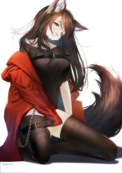 Rule 34 | 1girl, absurdres, animal ear fluff, animal ears, artist name, belt buckle, between legs, black choker, black dress, black thighhighs, breasts, brown hair, brown tail, buckle, chain, chest strap, choker, commentary, dress, eyebrows, fox ears, fox tail, full body, green eyes, hand between legs, head tilt, highres, jacket, kitsune, large breasts, leather, leather strap, long hair, looking at viewer, off shoulder, open mouth, original, parted lips, red jacket, short dress, sidelocks, signature, sitting, smile, solo, strap gap, tail, thigh strap, thighhighs, wariza, white background, xin (xin)