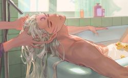 Rule 34 | 1boy, 1girl, bathing, bathroom, bathtub, commentary, day, closed eyes, facial mark, forehead mark, hand in another&#039;s hair, indoors, inuyasha, long hair, male focus, mmmilk, nude, parted lips, partially submerged, sesshoumaru, shampoo bottle, solo focus, upper body, washing hair, white hair, window